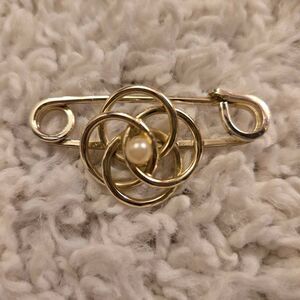 Vintage Gold Circles with Pearl Safety Pin Brooch